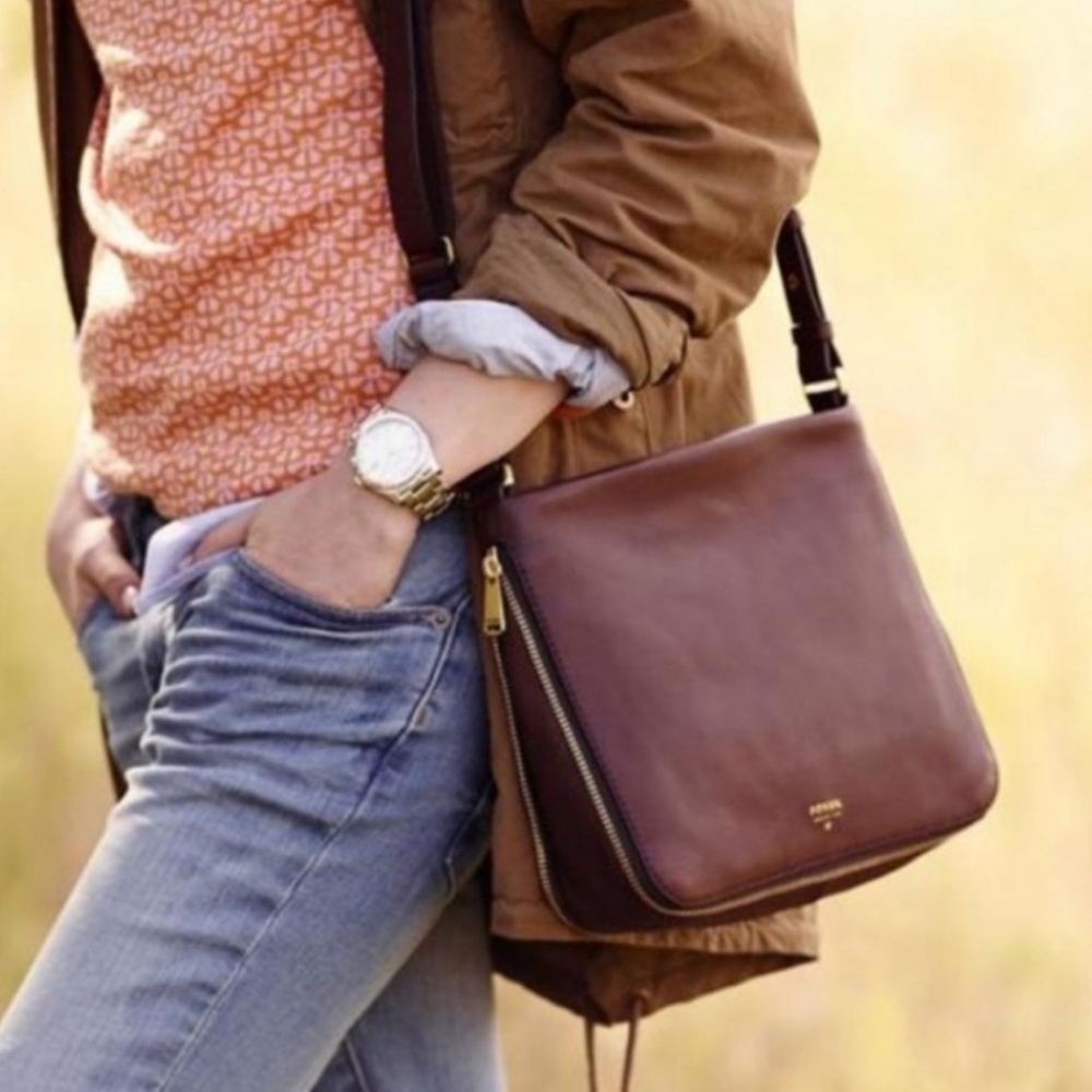 Fossil Espresso Brown Leather Preston Crossbody Bag